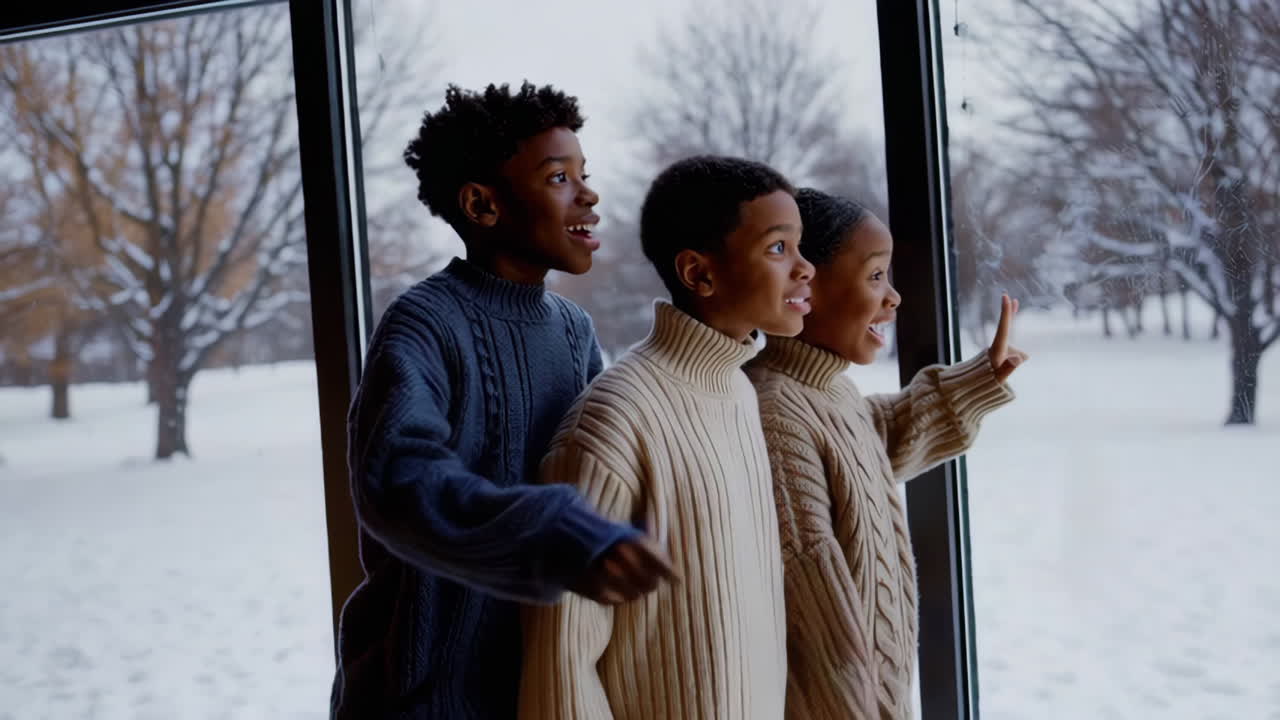 Children's Excited and Curious Gaze at a Snowy Window View