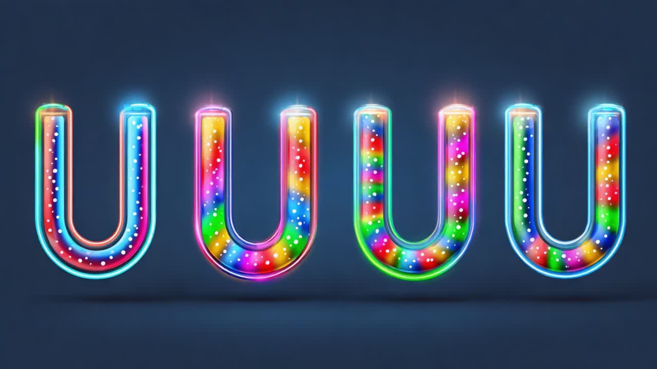 A Vibrant Display of Colorful Neon Letters: A Creative Showcase Featuring the Letter 'U' in Various Styles with Illuminated Background and Playful Light Effects