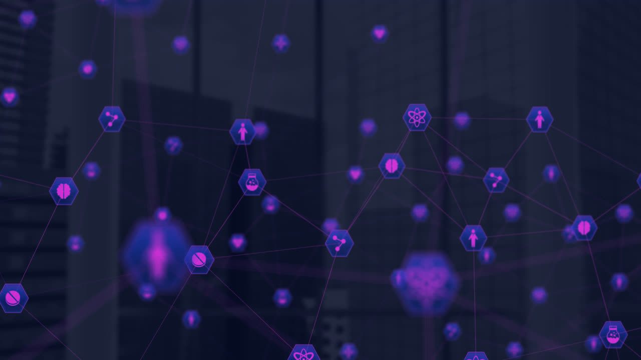 Network of connection icons against tall buildings