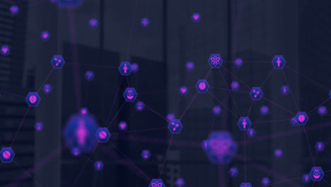network of connection icons against tall buildings