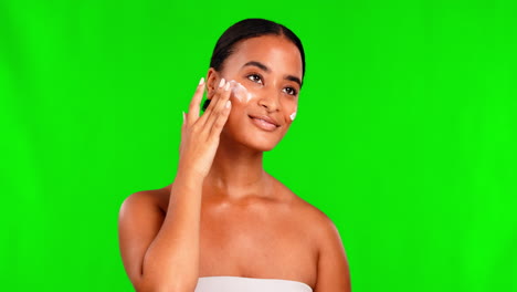pantalla verde, crema y rostro de mujer para la belleza
