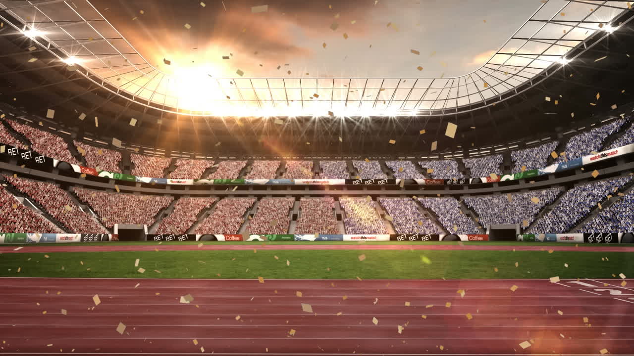 animación de confeti cayendo sobre el estadio deportivo