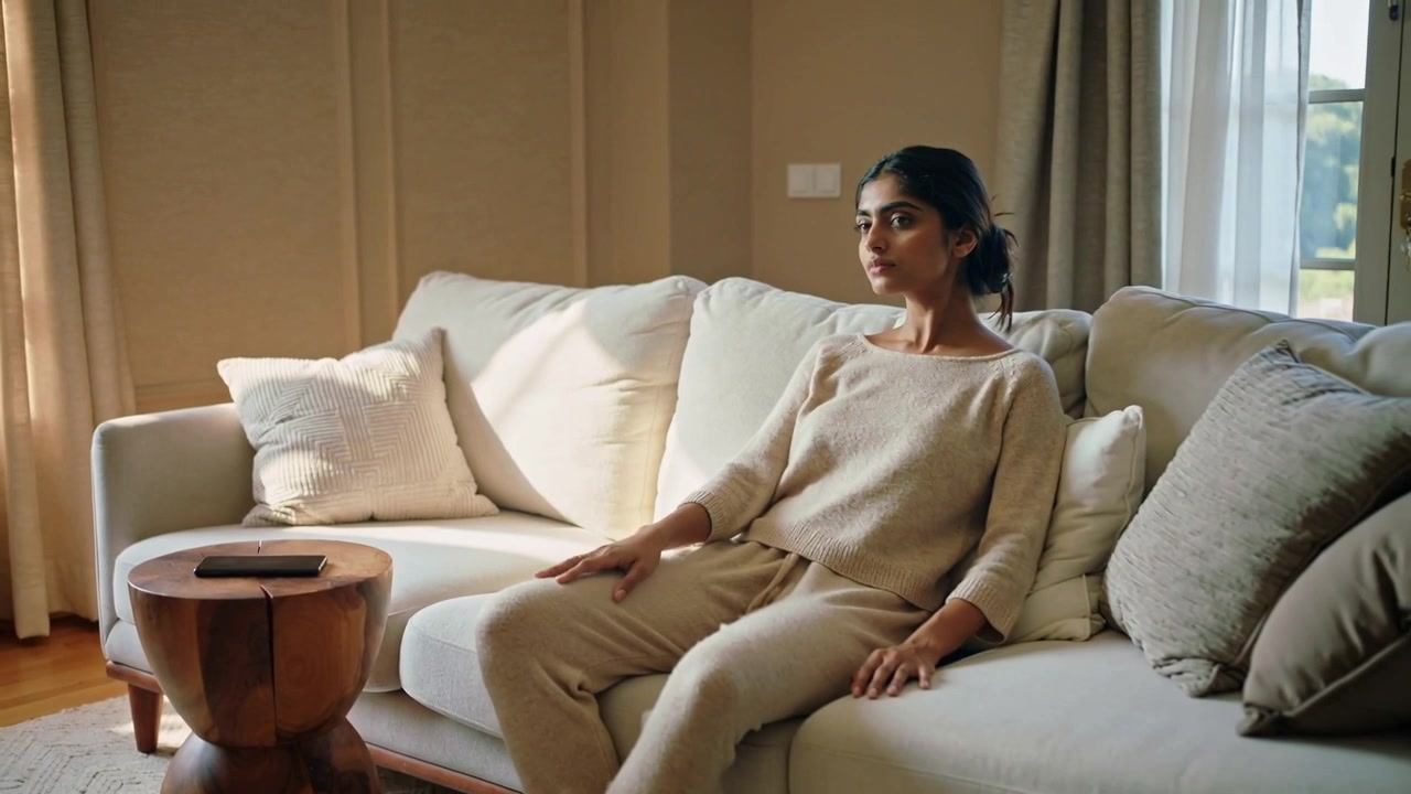 Reaching adult Indian woman at home in loungewear touching phone on side table, reclining, relaxing