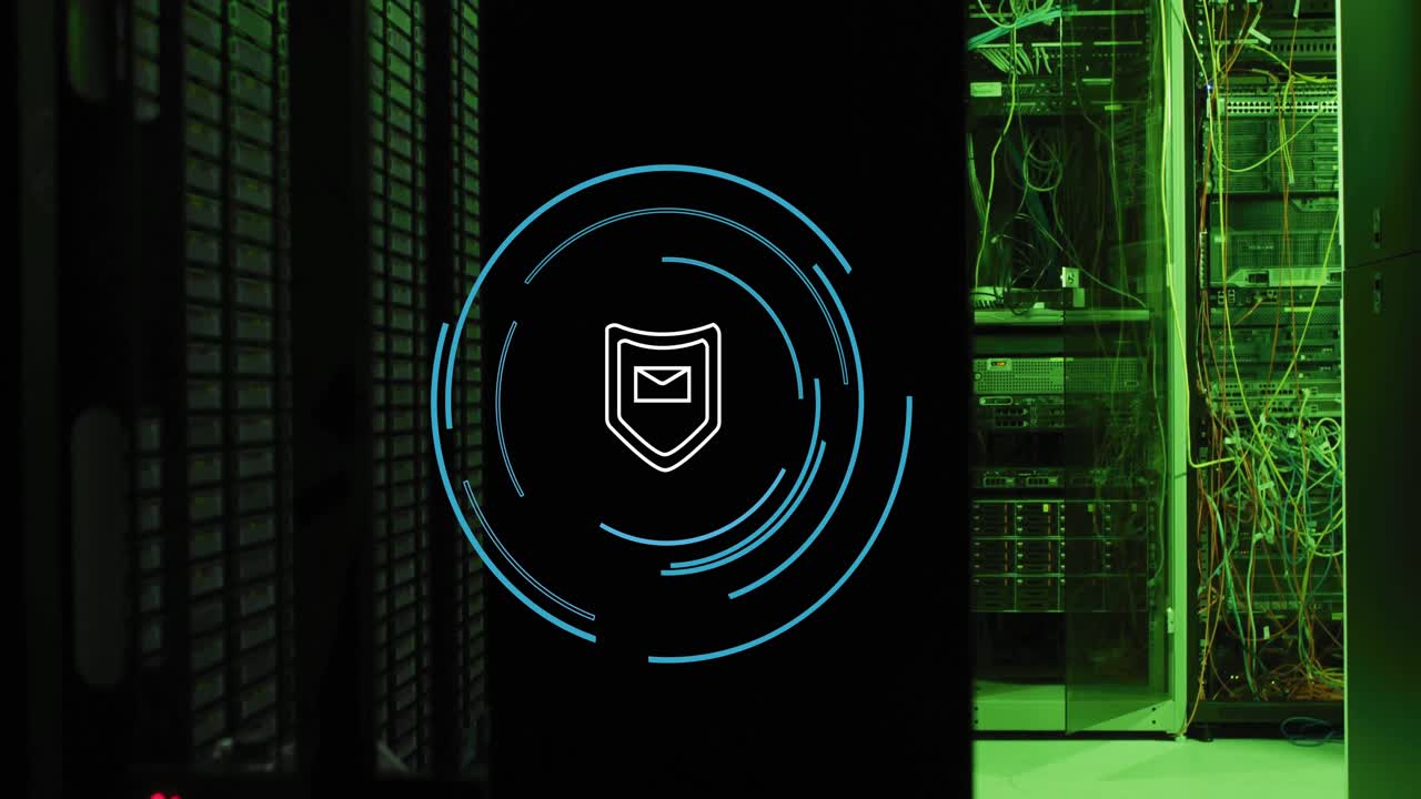 Animated illustration showing shield envelope icon glowing inside data center with racks cables