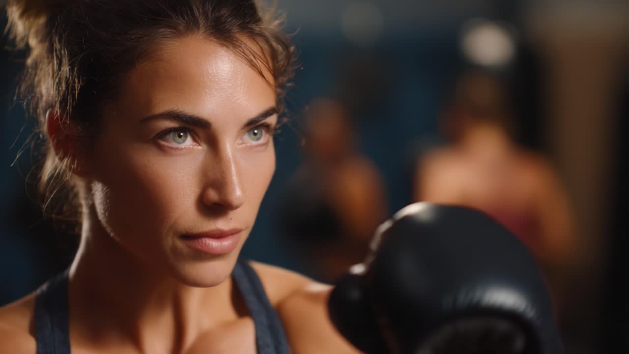 Boxer concentrata che si prepara per un incontro, mettendo in mostra grinta, determinazione e allenamento in un ambiente cupo da palestra, con enfasi su forza e abilità