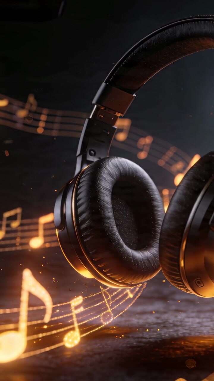 Vertical video: Staff rising urging headset tilting in studio gold notes pulsing under earcup hinge