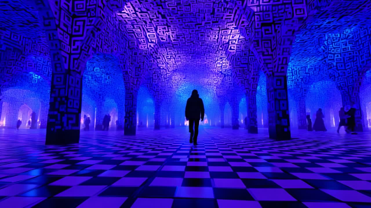 A Mystical Journey Through an Enigmatic Space: A Figure Navigates the Stunning Blue and Black Patterned Hallway, Surrounded by an Intricate Forest of Geometric Designs and Illumination