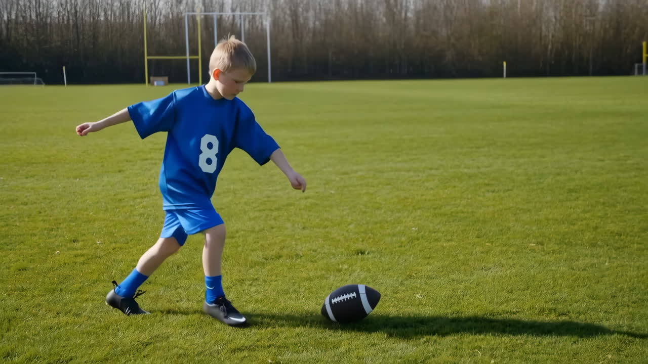 Young boy in blue uniform playing American football on a green field