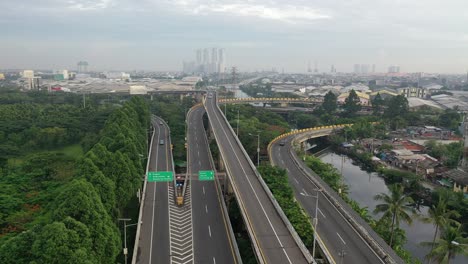 aerial view of a highway intersection in an urban area