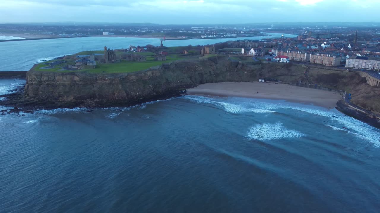 King Edward's Bay, Tynemouth Priory and Tynemouth town centre on a calm morning