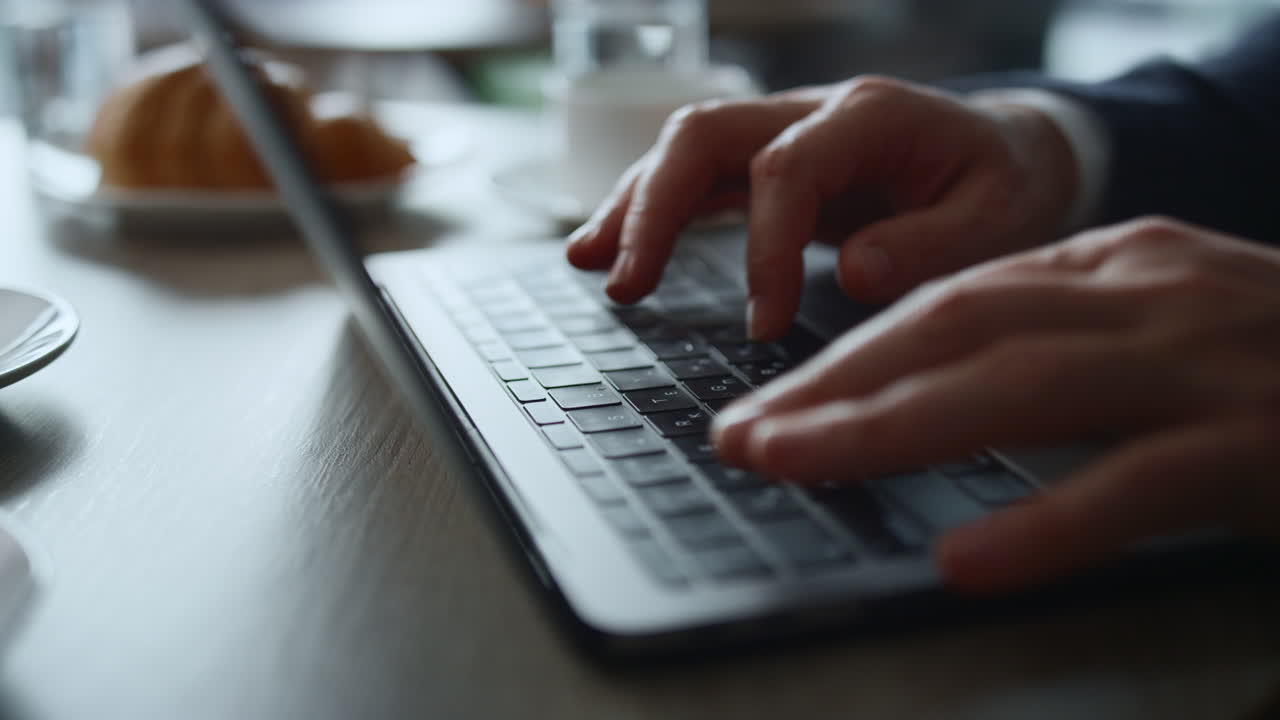 Businessman hands working laptop typing computer keyboard in cafe coworking.