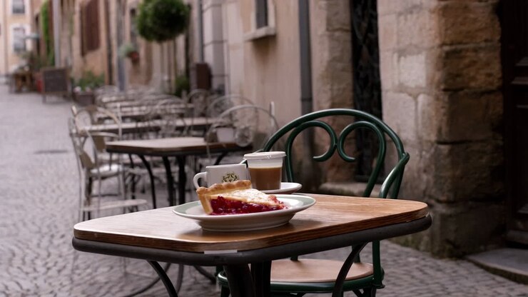 Quaint Outdoor Cafe Scene with Pie and Coffee on a Cobblestone Street