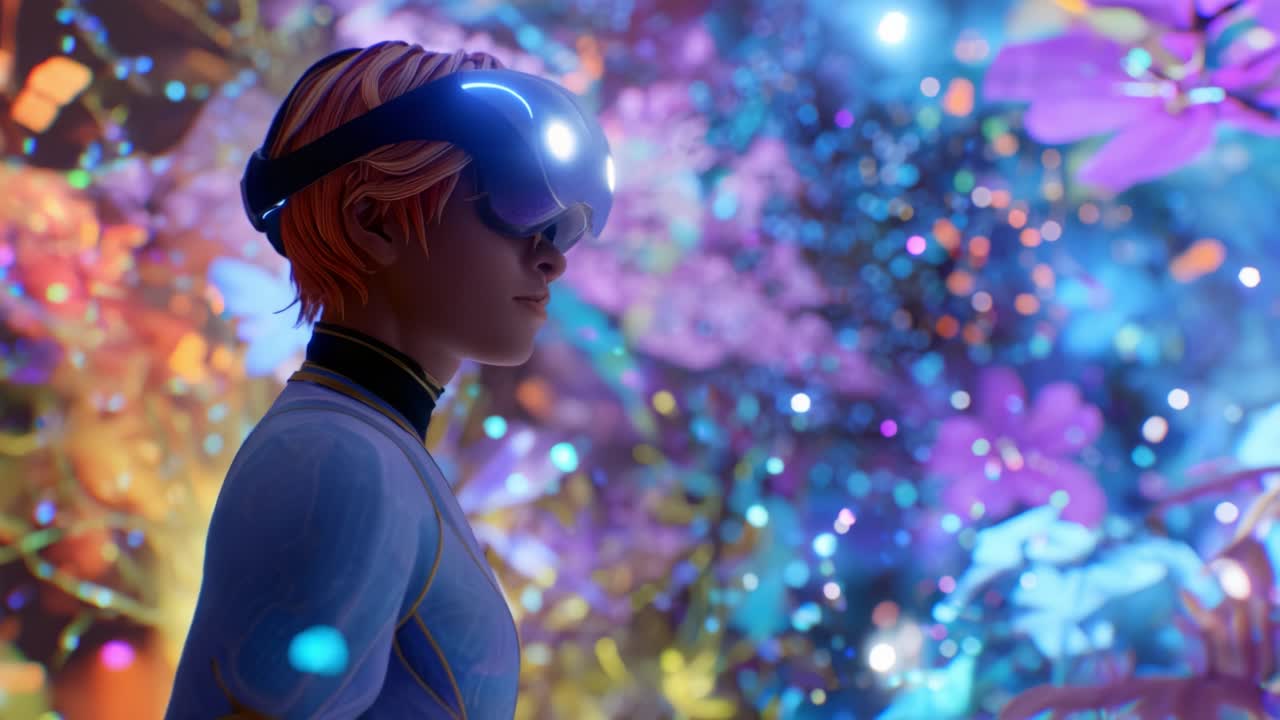 Exploring a Vibrant Virtual World: A Glimpse into the Future of Immersive Experiences with Stunning Colorful Flora and Dynamic Light Effects Surrounding a Geared Avatar