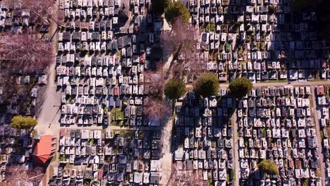 aerial shot of people walking through graveyard path on sunny day