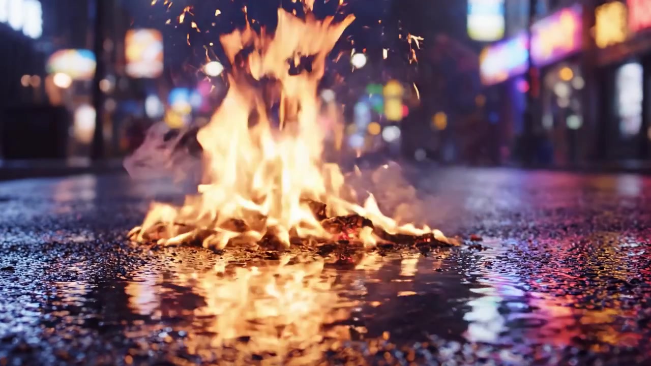 A Striking Contrast: Flames Dancing on a Rain-soaked Street Amidst Neon Lights, Capturing the Essence of Urban Chaos and Motion in a Captivating Night Scene