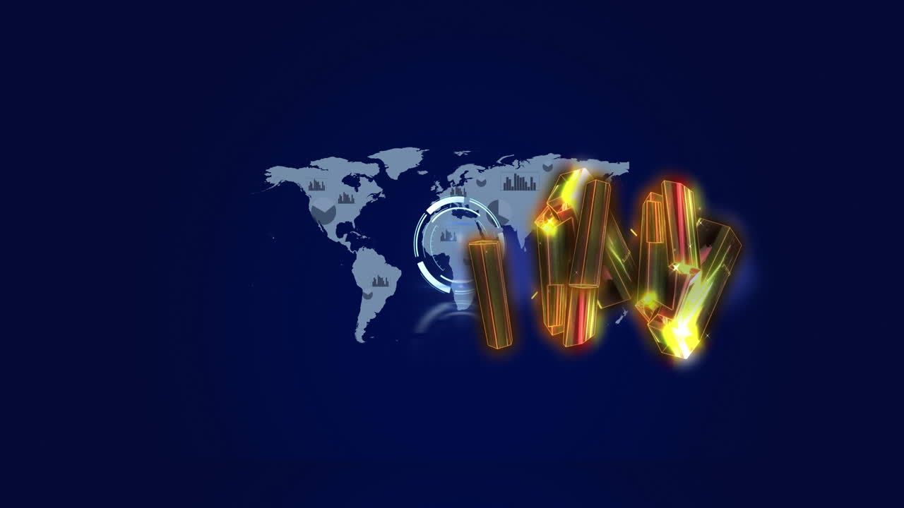 세계 지도와 어두운 배경 위에 반이는 3d 모양을 가진 디지털 인터페이스의 애니메이션