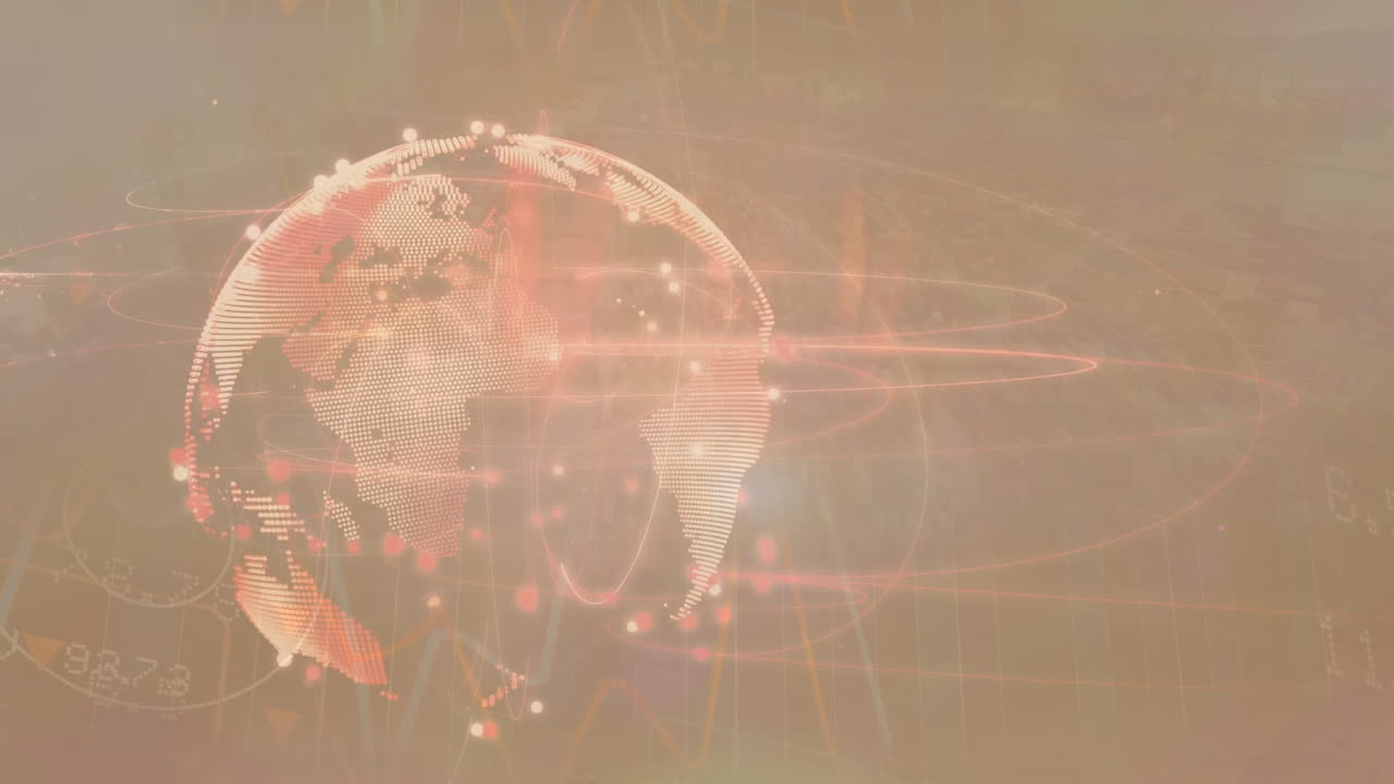 Digital animation of light trails over spinning globe against grey background