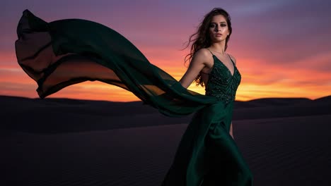 a beautiful model in an elegant green dress posing against a breathtaking sunset in the sand dunes, capturing the essence of grace and beauty