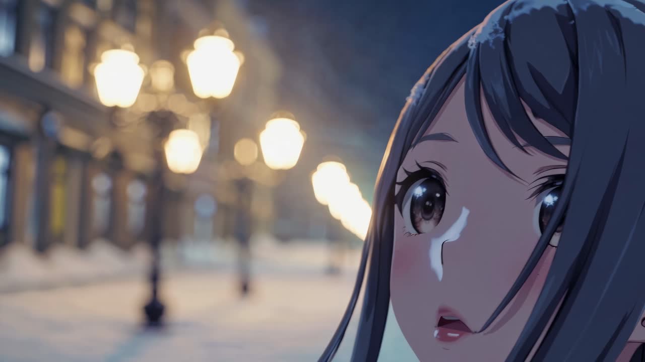 Anime-style close-up of a girl in a snowy street at night, with blurred streetlights