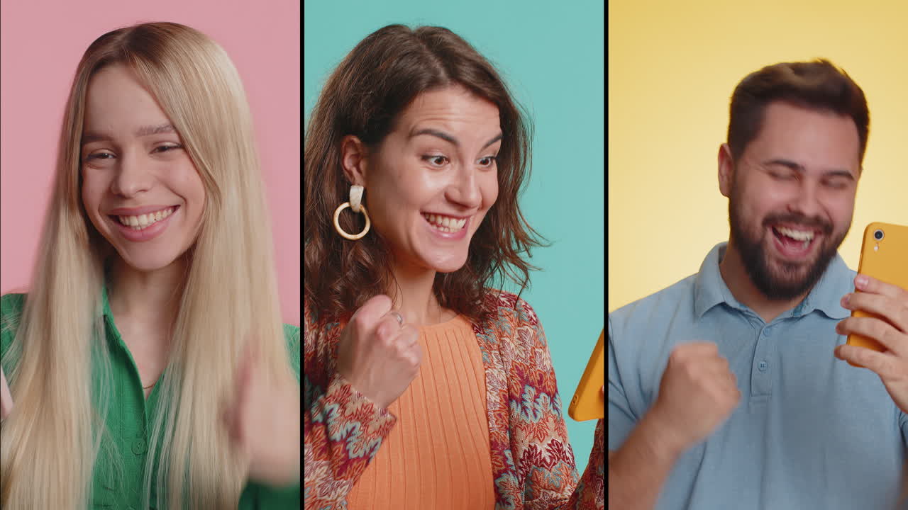 счастливые люди, использующие смартфоны