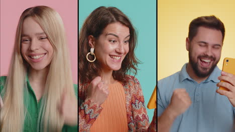 personas felices que usan teléfonos inteligentes