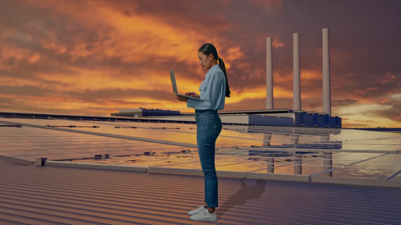 Veduta laterale a figura intera di una donna asiatica, che ispeziona pannelli solari su un tetto al tramonto, osserva guardando in alto prima di concentrarsi sul laptop e continuare a digitare.