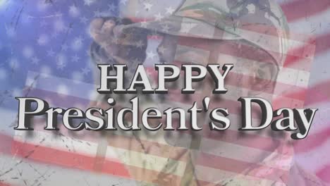 Happy-Presidents-Day-Text-über-Amerikanischer-Flagge-Vor-Salutierendem-Afroamerikanischen-Soldaten