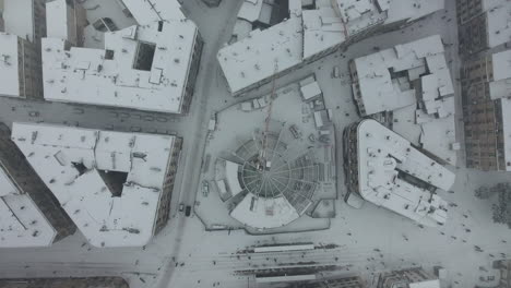 Montpellier-aerial-Halles-Laissac-under-the-snow-top-shot-France-winter-cold-day