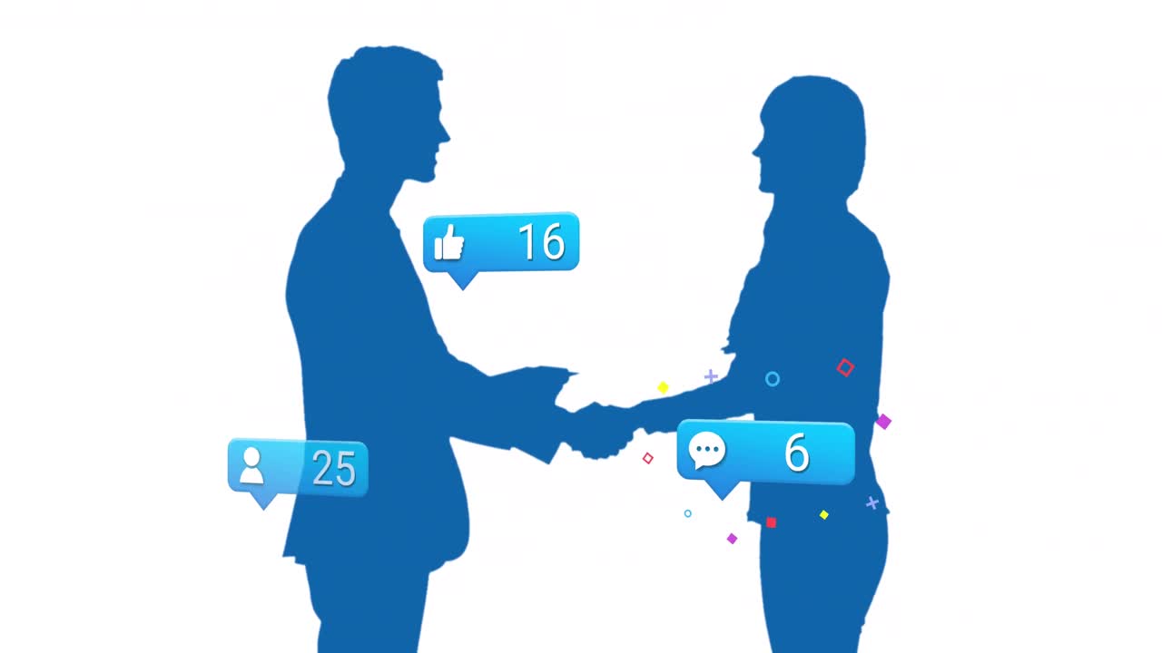 Composition of social media text, icons over man and woman's silhouette shaking hands