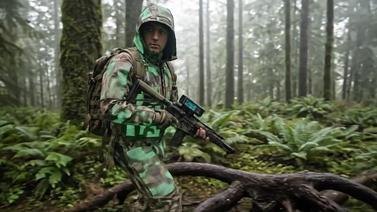 Soldato in mimetica futuristica luminosa che cammina in una foresta nebbiosa