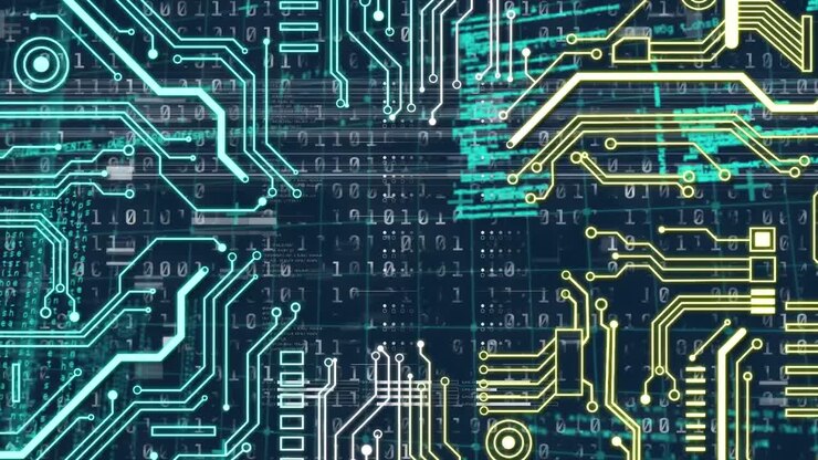 Animazione di un circuito integrato su codice binario su sfondo blu navy