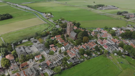 aerial approach and top down view of the village ransdorp with its agrarian surroundings near the city of amsterdam in the netherlands with clouds