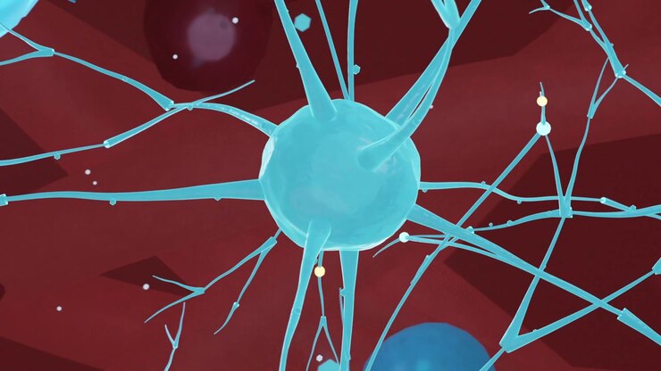 Orbiting camera revealing central cyan soma with branching filaments, beads moving to form synapses