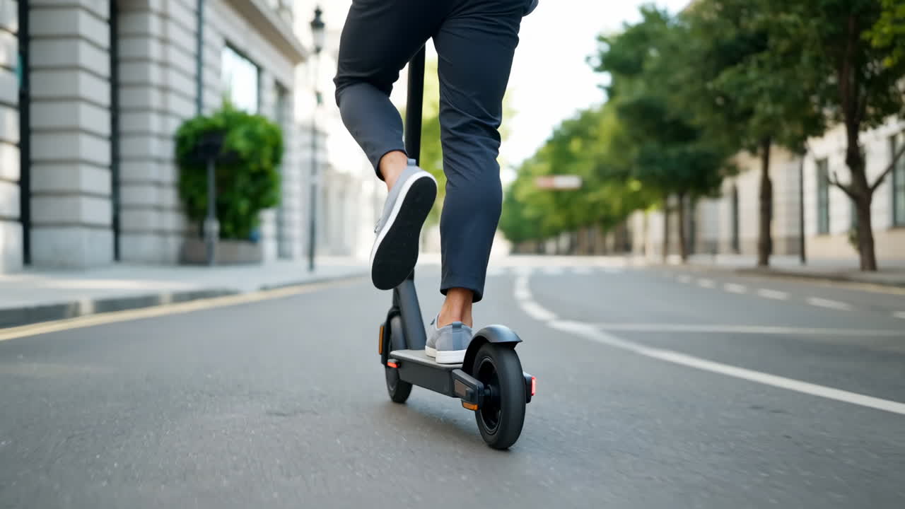 Persona montando un scooter eléctrico en la calle de la ciudad