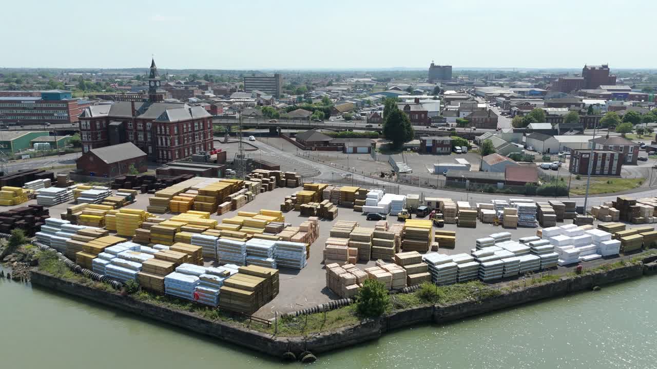 Grimsby Lincolnshire port aerial shot with commerce building shipping materials and warehouses