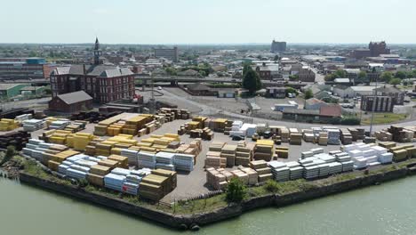 grimsby lincolnshire port aerial shot with commerce building shipping materials and warehouses