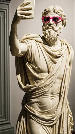 ancient statue taking a selfie with pink heart sunglasses