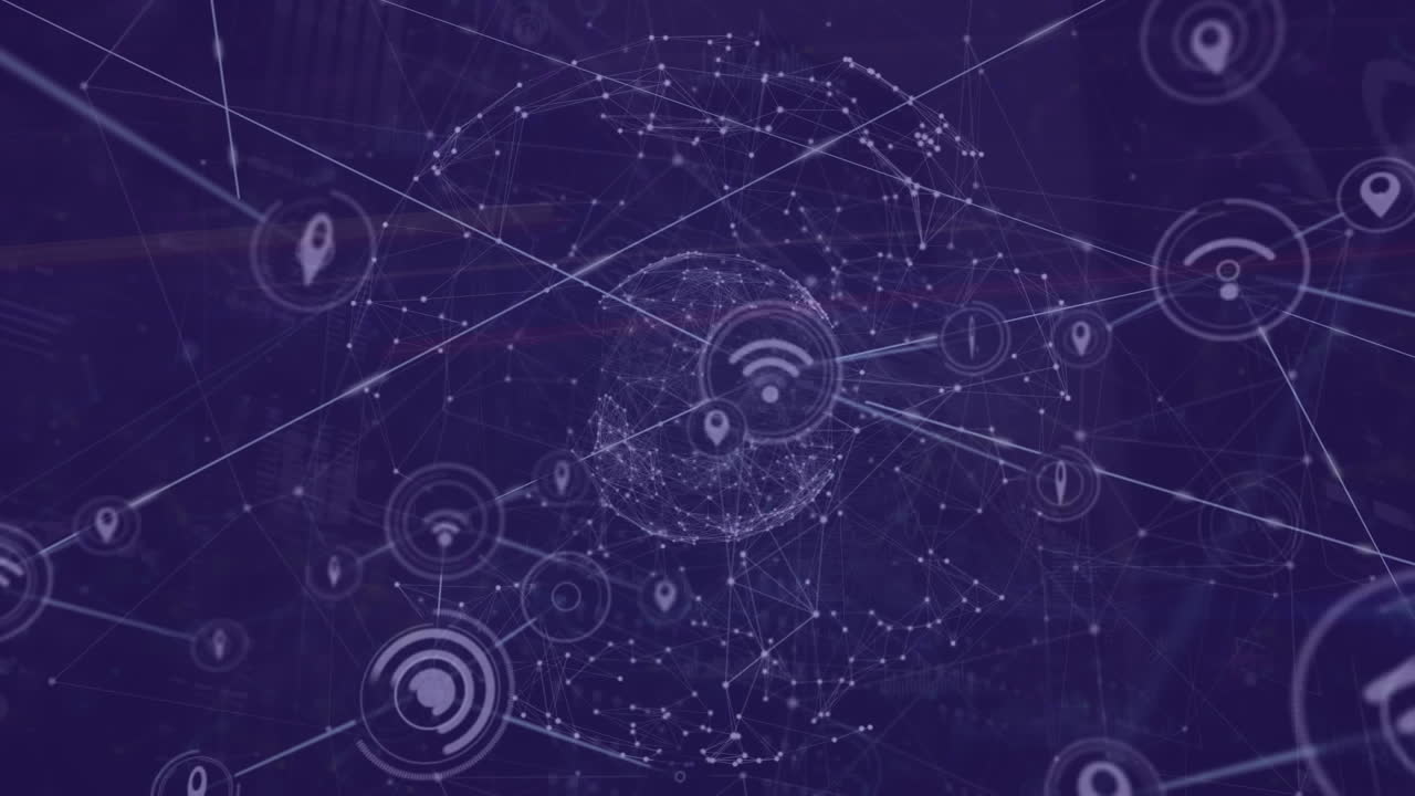 animación de una red de iconos digitales en todo el mundo de una red de conexiones sobre un fondo púrpura
