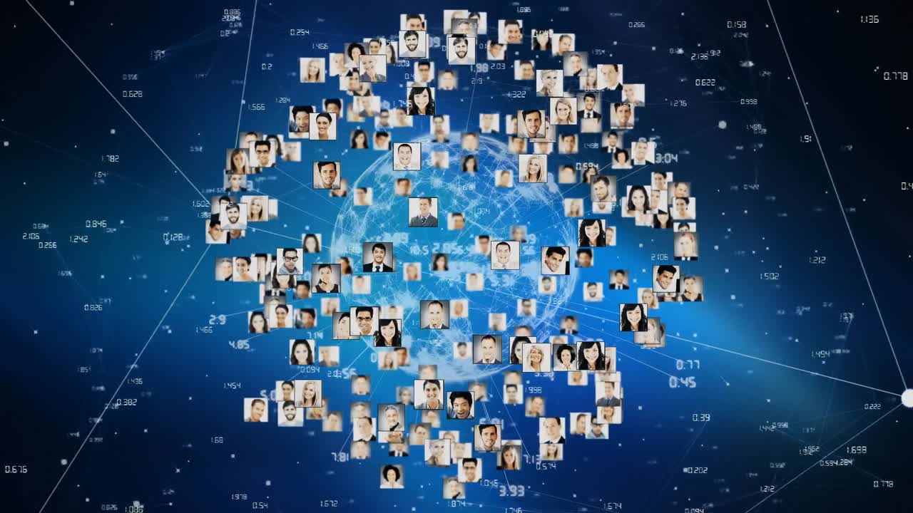 Animation of globe of connections with people portraits over data processing on black background