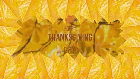 Happy-thanksgiving-day-text-banner-and-frame-of-autumn-leaves-against-autumn-trees