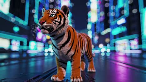 tiger in a futuristic neon city at night