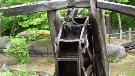 antique old wooden water wheel rotating under splashing water in namsan park in spring