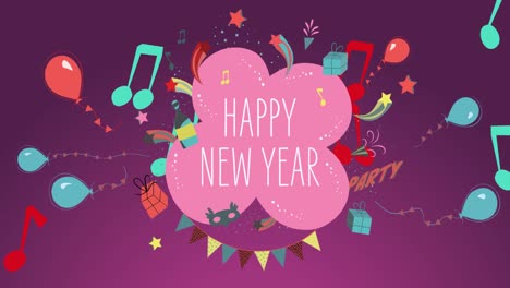 Animation-of-happy-new-year-greetings-text-over-balloons-and-music-notes-on-purple-background