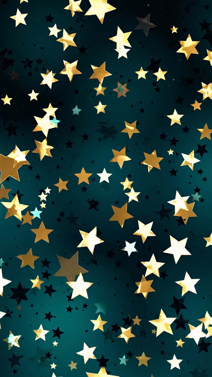 Stelle dorate che fluttuano su uno sfondo verde acqua scuro.