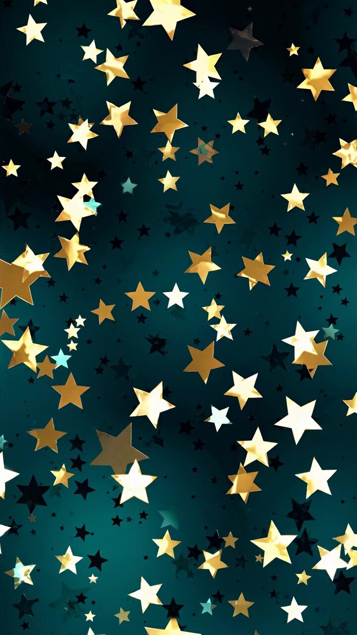 Stelle dorate che fluttuano su uno sfondo verde acqua scuro.