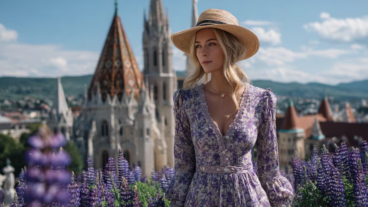 A Serene Moment: A Young Woman in a Lavender Field Against a Stunning Architectural Backdrop, Capturing the Essence of Beauty and Nature in Harmony