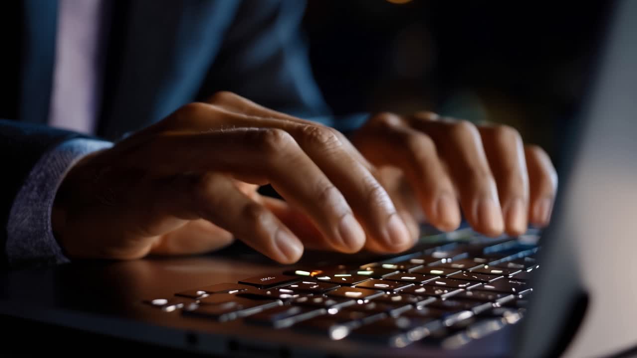Focused Hands Typing on a Laptop Keyboard at Night, Illuminated by Soft Glow; Capturing the Essence of Productivity and Late-night Work Sessions