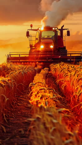 sunset harvesting wheat fields with tractor in rural landscape. a tractor harvests golden wheat under a vibrant sunset sky, creating a serene rural atmosphere. vertical video