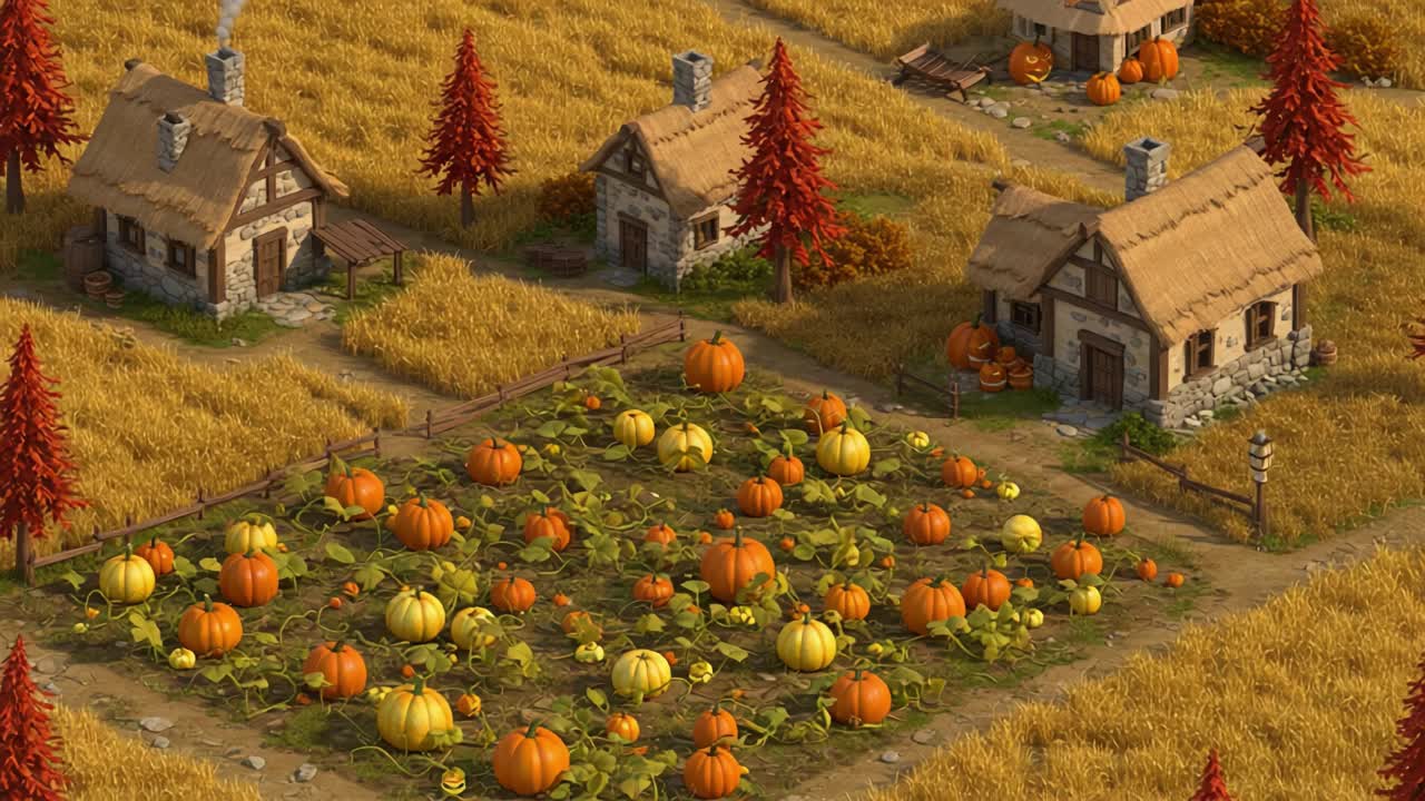 A Harvest Scene: Vibrant Pumpkin Patch Surrounded by Rustic Cottages and Golden Fields Under Enchanting Autumn Trees