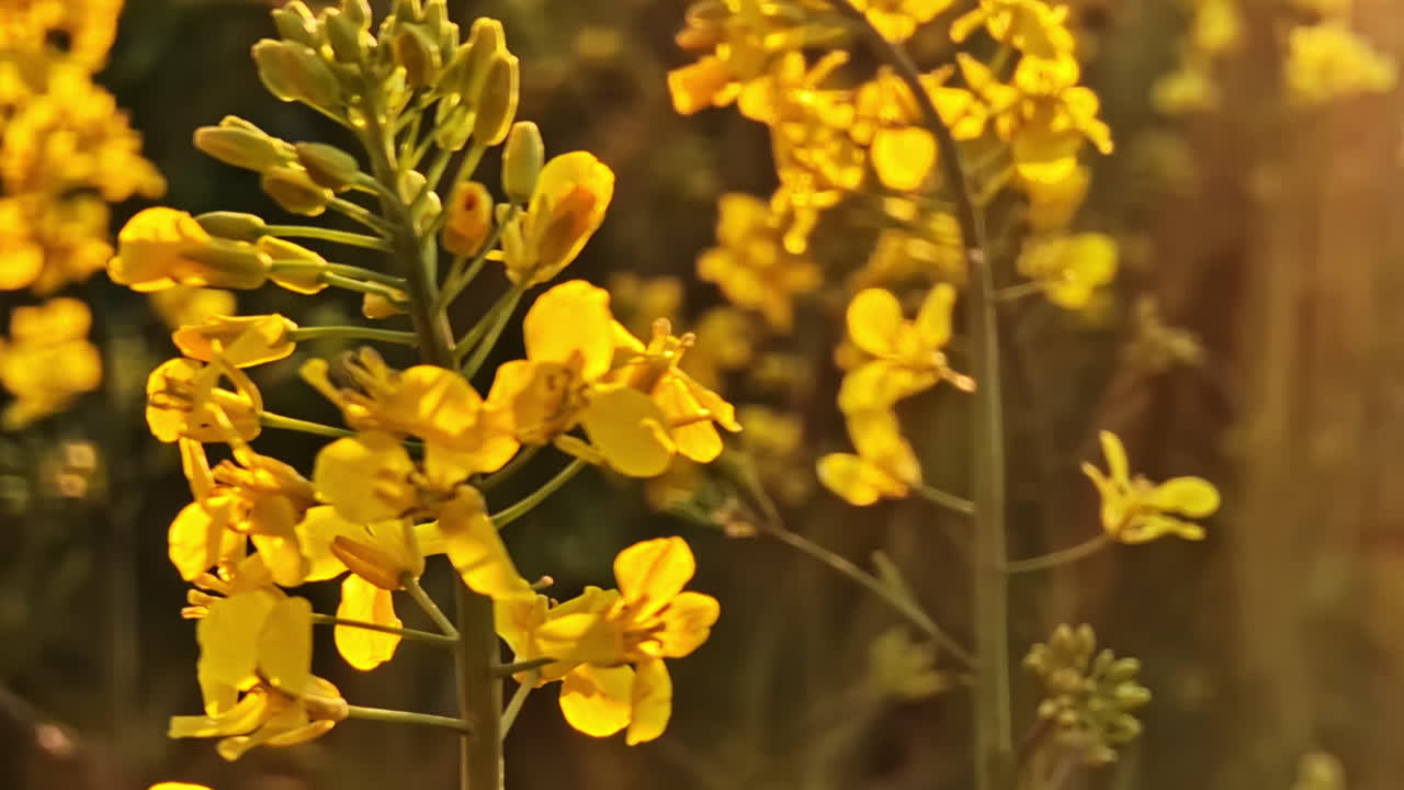 Close-up of yellow canola flowers glowing in warm sunlight during golden hour